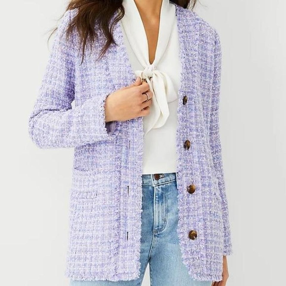 Ann Taylor Petite Purple Tweed Fringe Long Cardigan Jacket Blazer‎ Size 6P